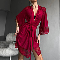 Прозорий сексуальний халат з широким мереживом на рукавах жіночий червоний на запах з сітки