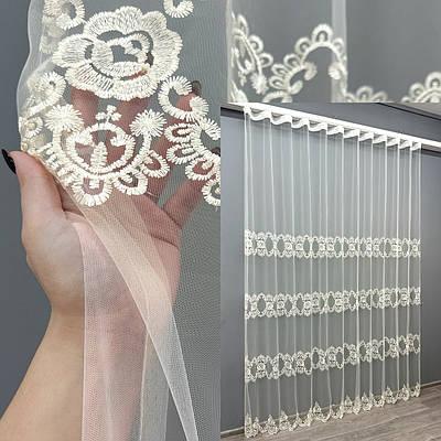 Уцінка! Готова (3х2,7м.) тюль фатин з вишивкою. Колір кремовий. Код 1849т 49-226