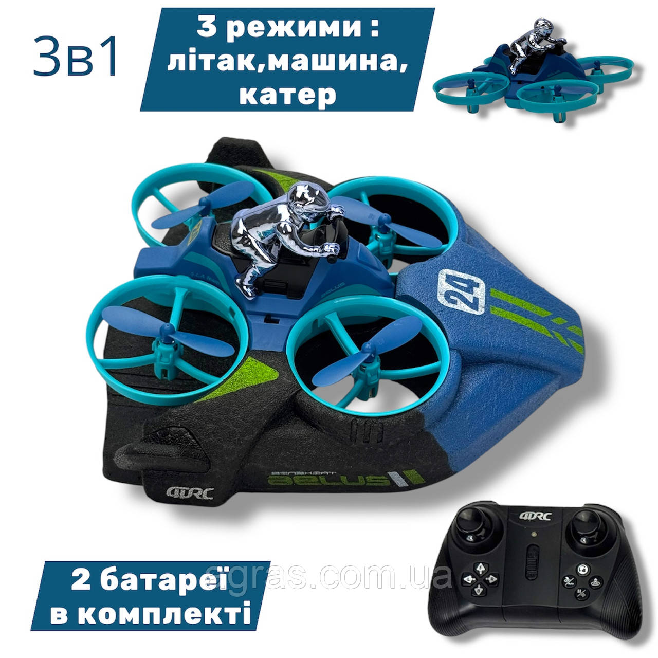 Радіокерований дрон 3-в-1 Aelus 4DRC з LED-підсвіткою і двома акумуляторами й USB — політ, перегони та заплив