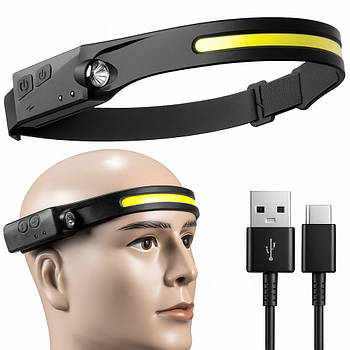 Налобний ліхтар з датчиком руху 2в1 BL-G-28-XPE+COB / Потужний акумуляторний LED ліхтарик на голову