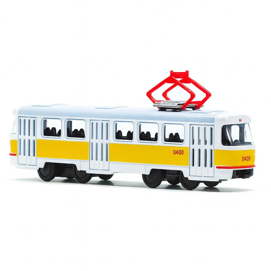 Трамвай Автопром 16 см білий з жовтою смугою 1:87, металевий, інерційний, арт. 6411B, фото 1