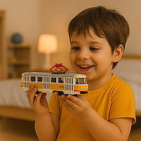 Трамвай Автопром 16 см білий з жовтою смугою 1:87, металевий, інерційний, арт. 6411B, фото 7