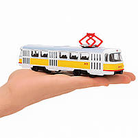 Трамвай Автопром 16 см білий з жовтою смугою 1:87, металевий, інерційний, арт. 6411B, фото 6