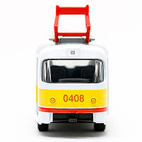 Трамвай Автопром 16 см білий з жовтою смугою 1:87, металевий, інерційний, арт. 6411B, фото 4