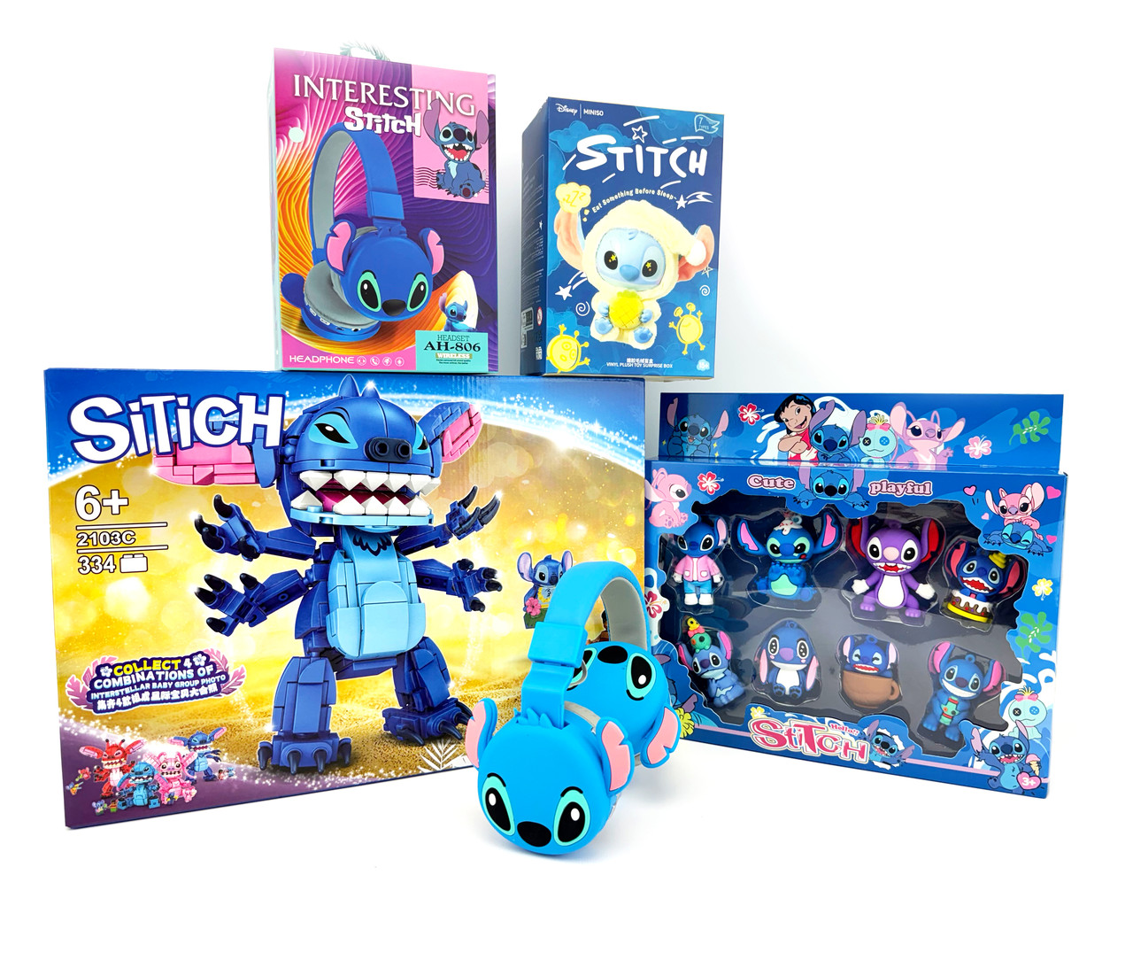 Великий Подарунковий дитячий Набір Стіч Колекція з 11шт Ліло і Стіч “LILO STITCH” Брелки, Навушники, Фігурки, Конструктор 621-03, фото 1