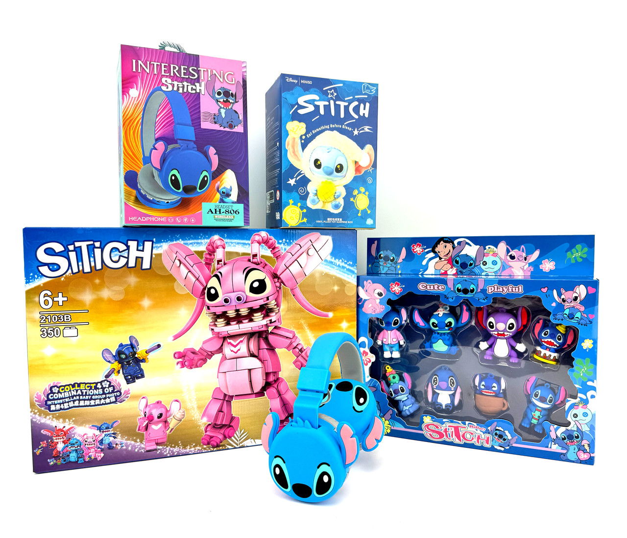 Великий Подарунковий дитячий Набір Стіч Колекція з 11шт Ліло і Стіч “LILO STITCH” Брелки, Навушники, Фігурки, Конструктор 621-04, фото 1