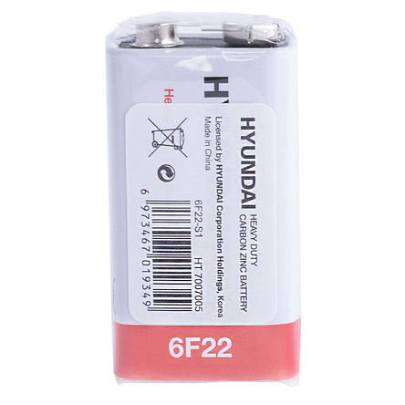 Батарейка "Крона" сольова 9V 1шт. HYUNDAI 6F22, фото 2
