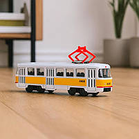 Трамвай Автопром 16 см білий з жовтою смугою 1:87, металевий, інерційний, арт. 6411B, фото 5