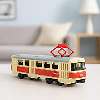 Металевий трамвай Автопром 16 см жовтий з червоною смугою 1:87, інерційний, арт. 6411A, фото 4