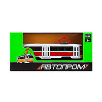 Металевий трамвай Автопром 16 см білий з червоною смугою 1:87, інерційний, арт. 6411C, фото 4