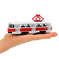 Металевий трамвай Автопром 16 см білий з червоною смугою 1:87, інерційний, арт. 6411C, фото 8