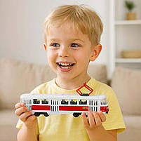 Металевий трамвай Автопром 16 см білий з червоною смугою 1:87, інерційний, арт. 6411C, фото 6