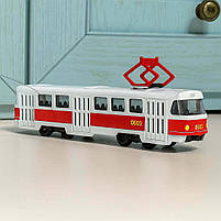 Металевий трамвай Автопром 16 см білий з червоною смугою 1:87, інерційний, арт. 6411C, фото 7