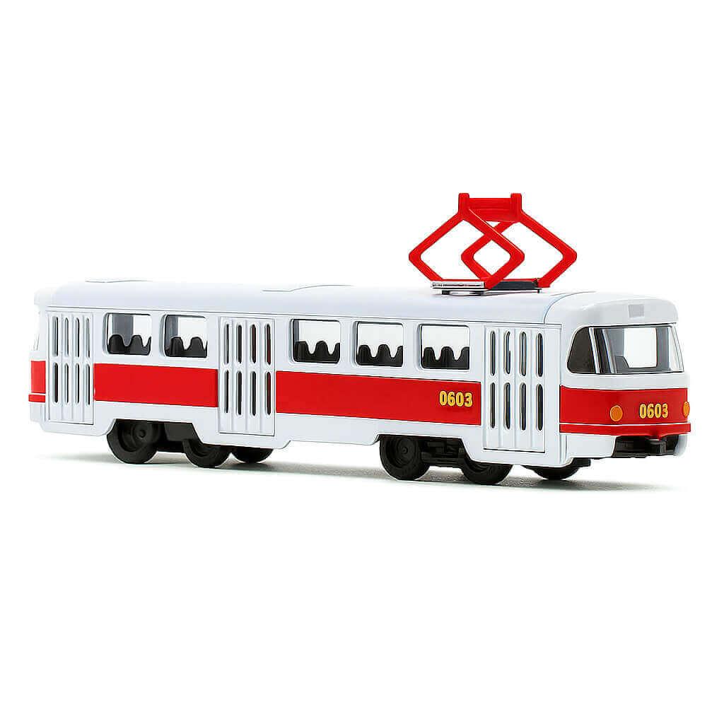 Металевий трамвай Автопром 16 см білий з червоною смугою 1:87, інерційний, арт. 6411C, фото 1