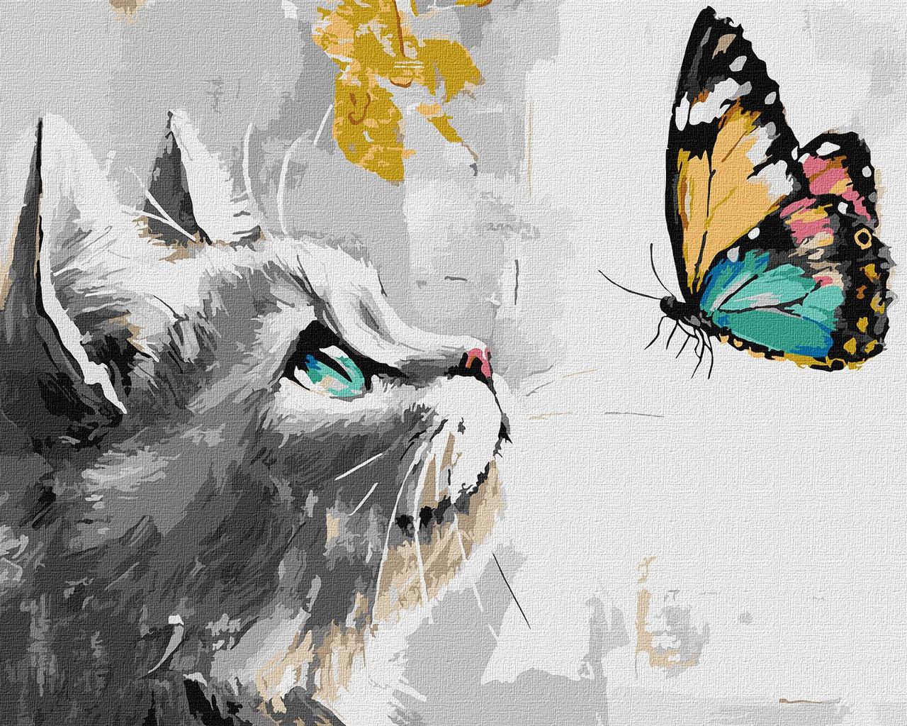 Картина за номерами Котик з метеликом з фарбами металік 40*50 см Ідейка KHO 6679, фото 1