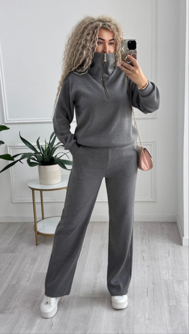 В’язаний теплий костюм жіночий осінь-зима-весна графіт, фото 1