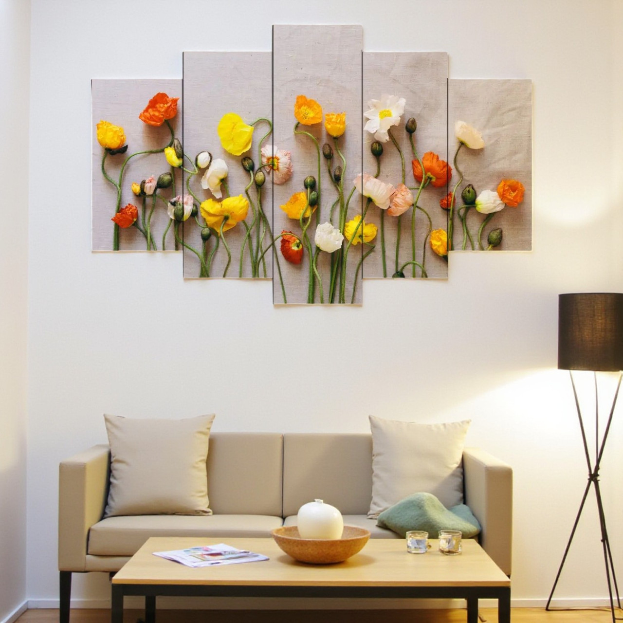 Модульна картина «Польові квіти» Сучасний настінний декор для вітальні, спальні чи кухні Друк на полотні 125х70 з 5 частин, фото 1