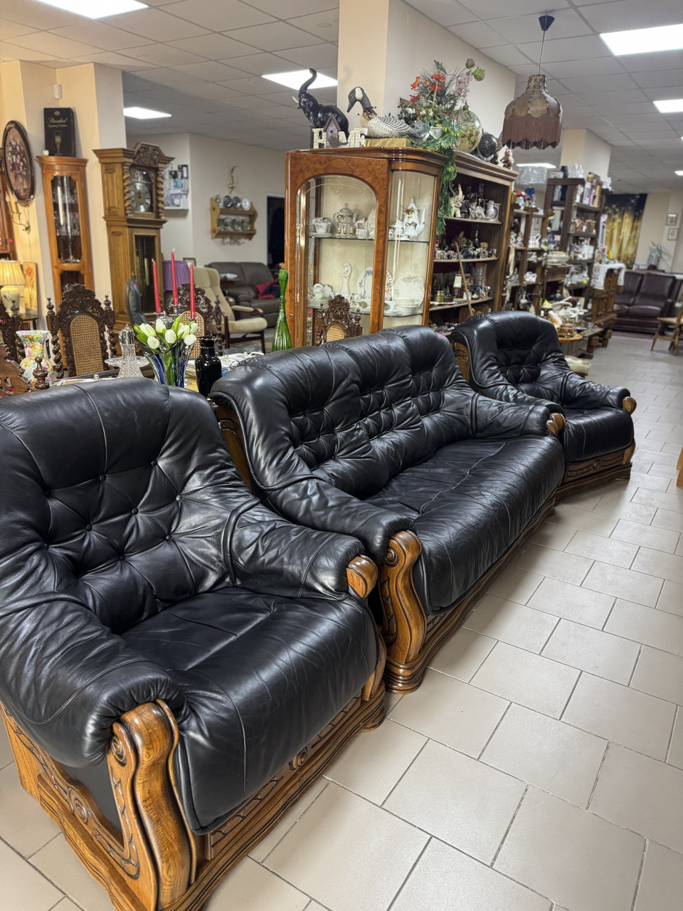 Комплект диван та 2 крісла з натурпльної шкіри колір чорний, фото 1