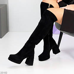 Ефектні замшеві чорні ботфорти на стійкому підборі 38