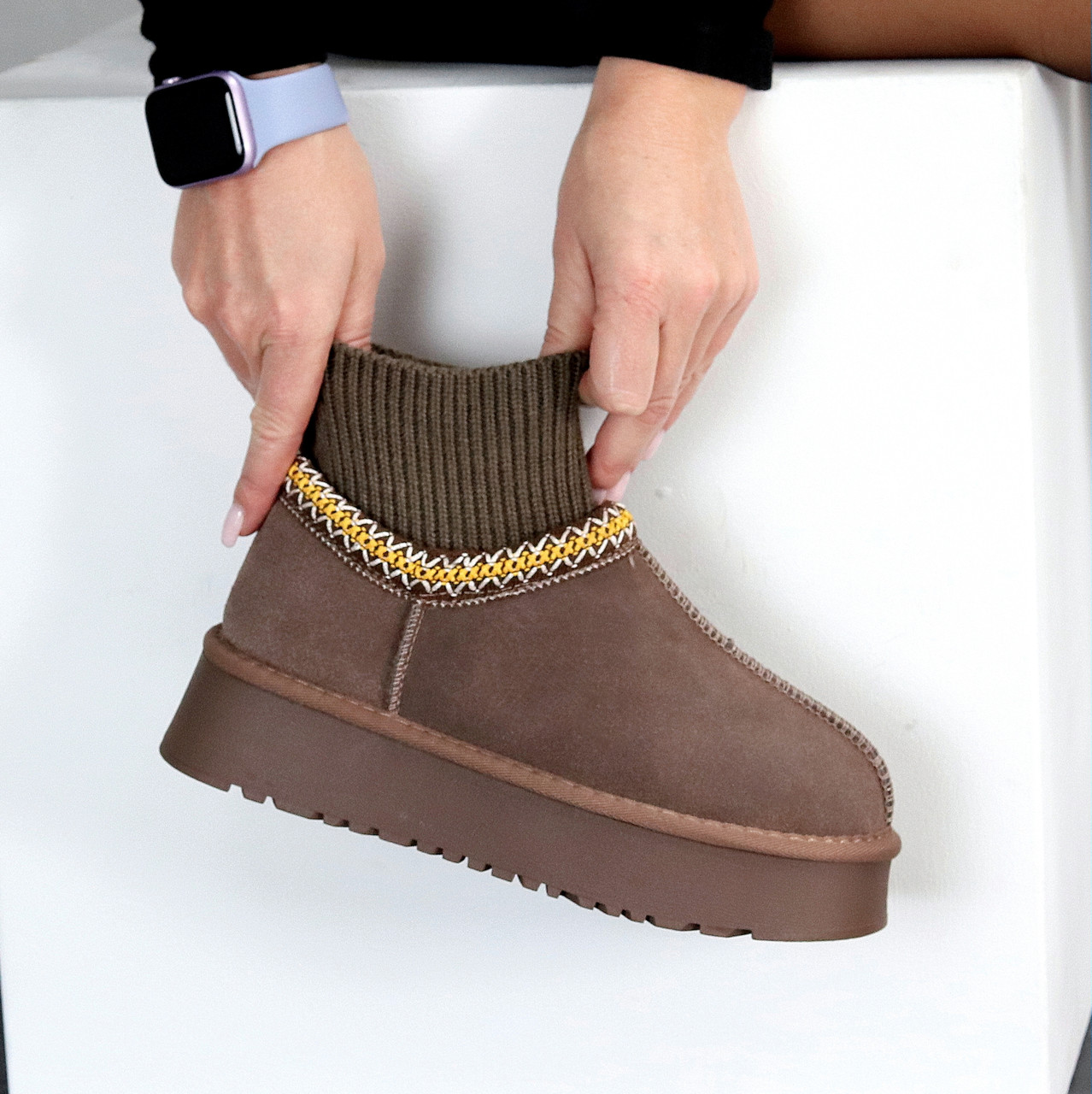 Низькі уггі автоледі з текстильним манжетом колір капучино 39, фото 1