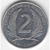 Монета Східно-Карибських штатів 2 цента 2002-11 рр