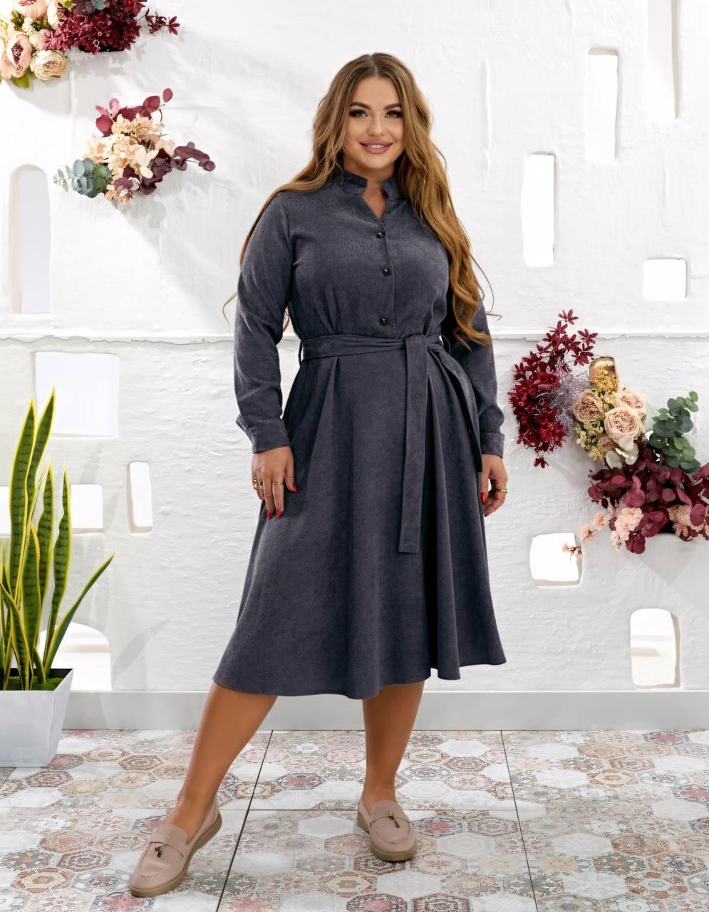 Вельветове плаття міді з поясом графіт батал, фото 1
