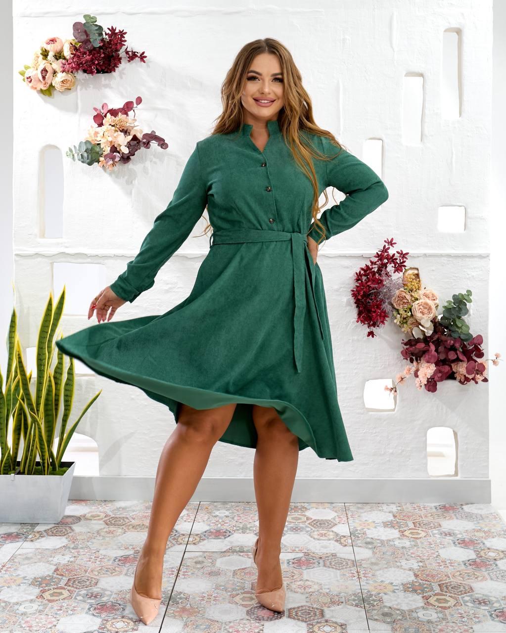 Вельветове плаття міді з поясом зелене батал, фото 1
