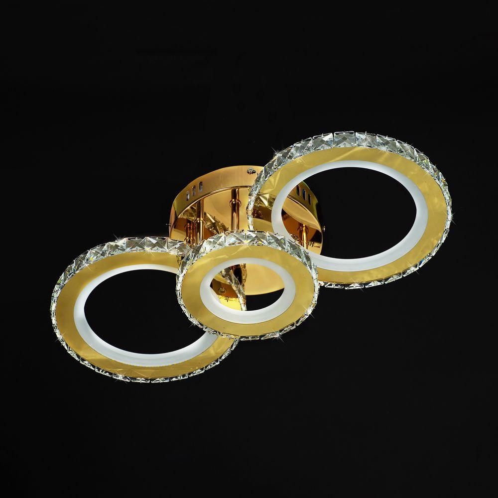 Люстра led золота з 3 кришталевими кільцями 106Вт димер, нічник, пульт
