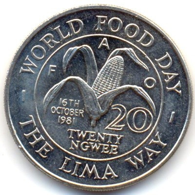 Замбія 20 нгвеє, 1981 ФАО Мідно-нікелевий сплав, 11.3g, ø 28.5mm  №2583, фото 1