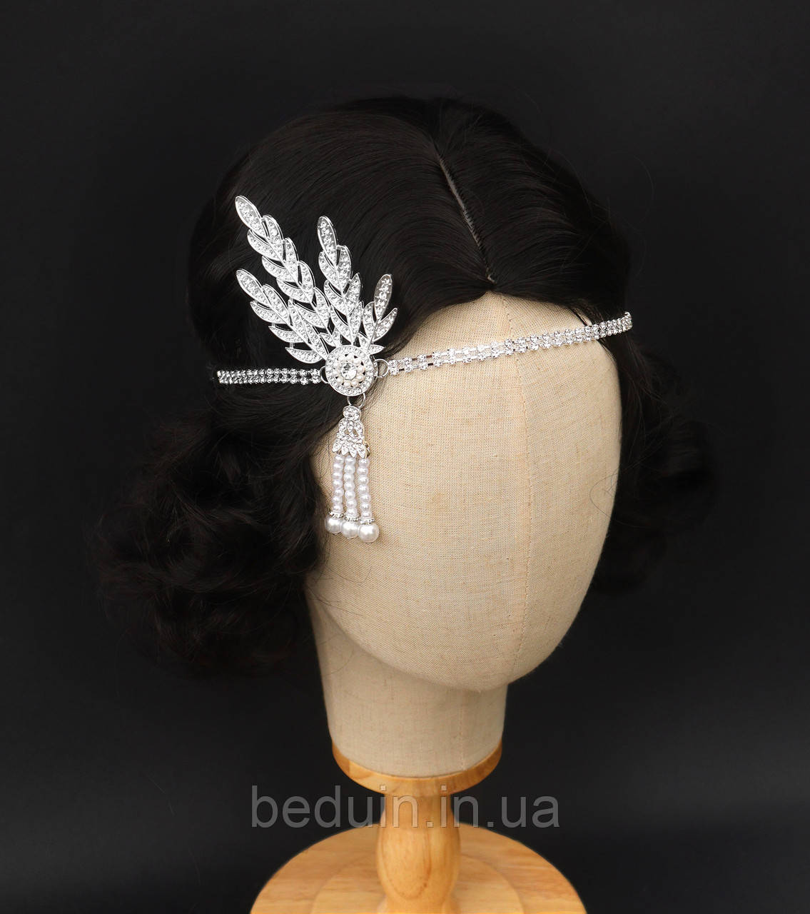 Карнавальна пов'язка "Дейзі" прикраса на голову з пір'ям у стилі гетсбі - срібляста Aushal Jewellery, фото 1