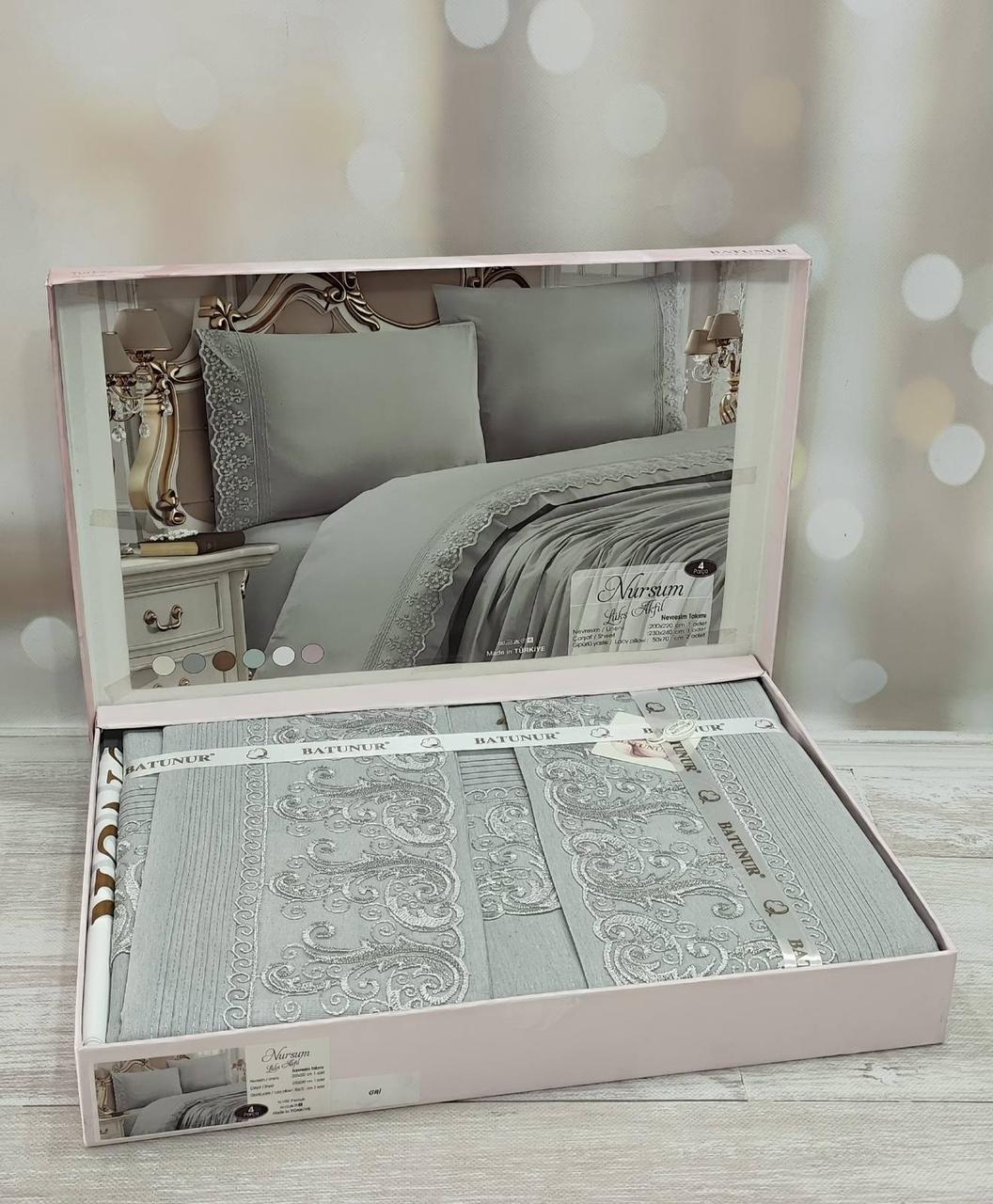 Постільна білизна Batunur  ранфорс з мереживом євро розмір Nursum gri, фото 1