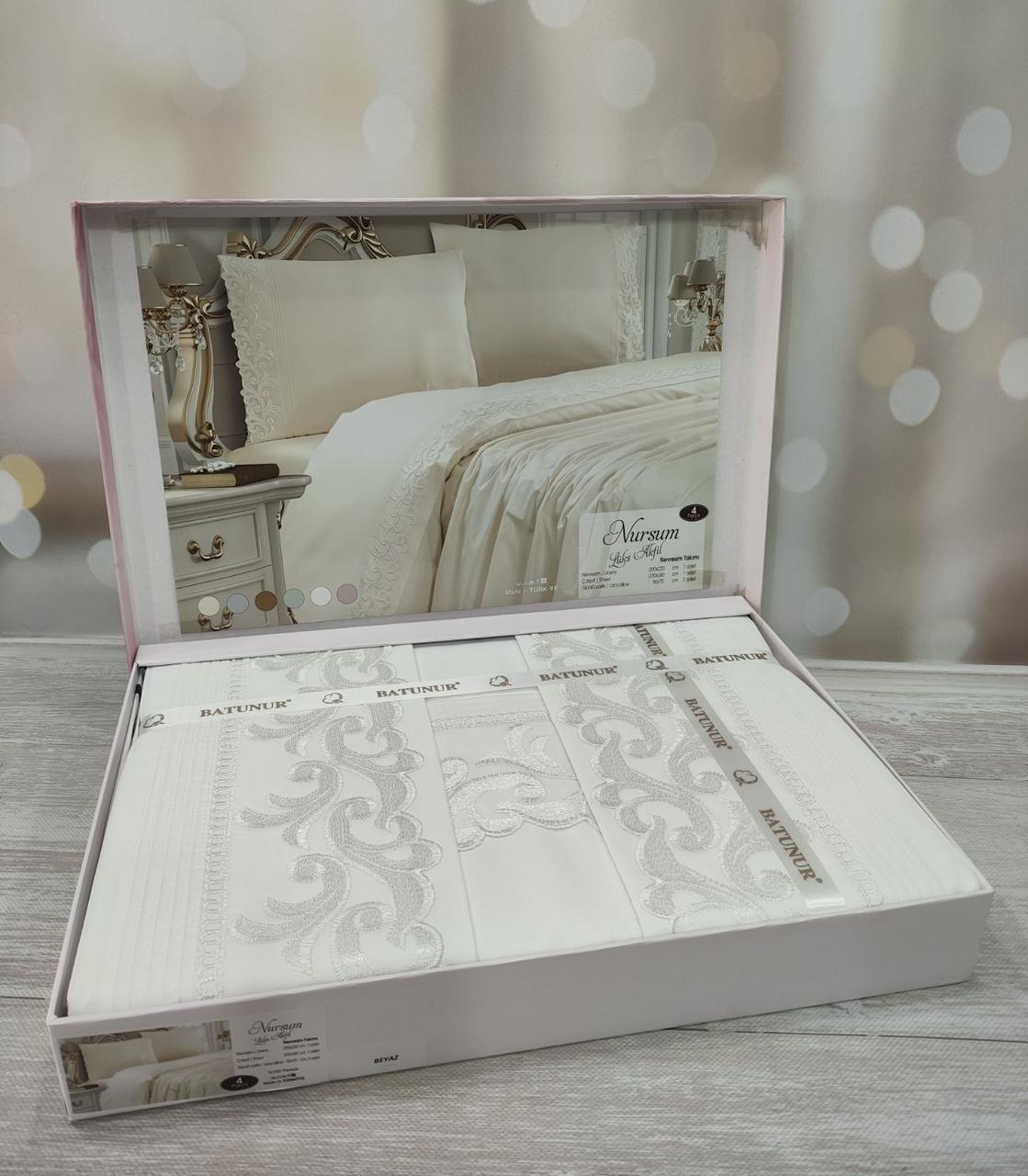 Постільна білизна Batunur  ранфорс з мереживом євро розмір Nursum beayz, фото 1