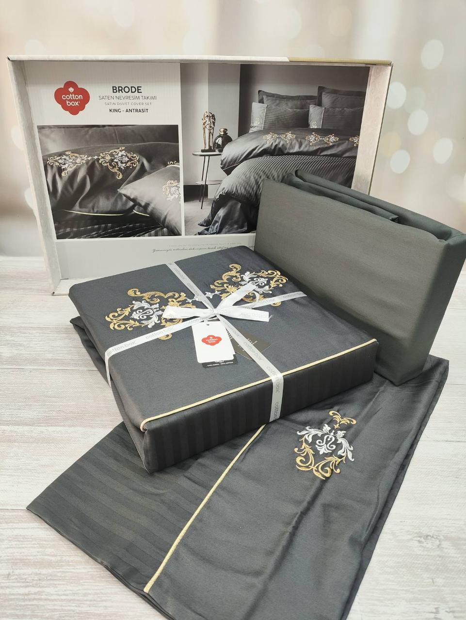 Постільна білизна Cotton Box сатин страйп із вишивкою євро розмір Brode, фото 1