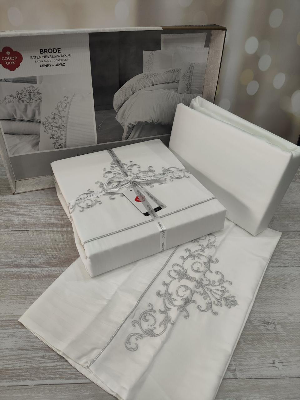 Постільна білизна Cotton Box сатин страйп із вишивкою євро розмір Brode Beyaz, фото 1