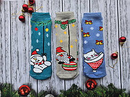 Детские носки махровые новогодние для малышей х/б НЛ 14-16  к-8 Santa на іграшці,кіт в шапці,сніговик