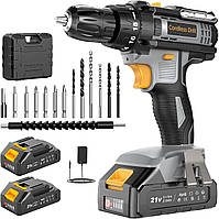 Акумуляторний дриль Bamse 21V з 2 акумуляторами 2.0Ah, крутний момент 42N·m, 2 швидкості, набір свердел 14 шт., підсвічування