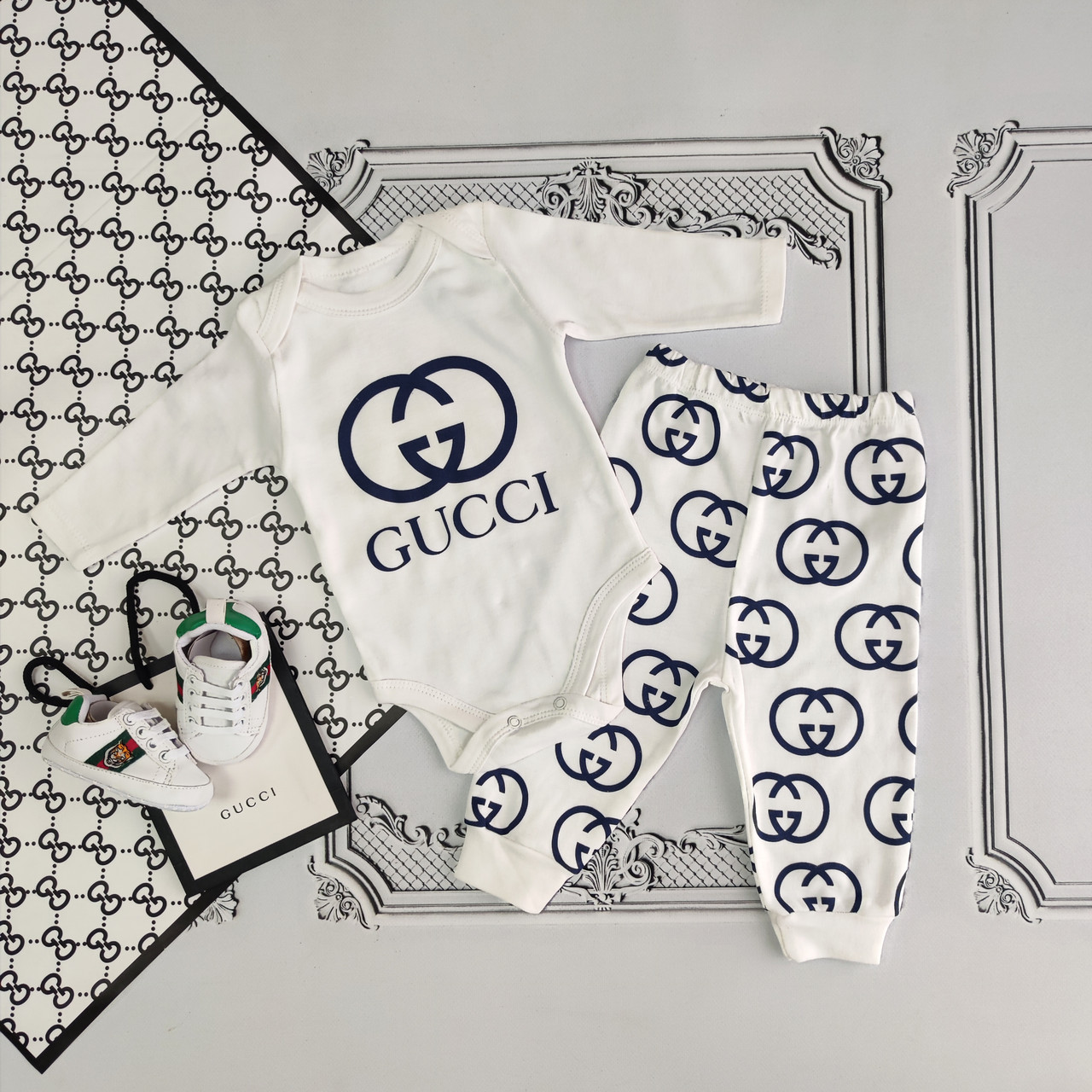 Білий набір для новонароджених, комплект Гуччі білий бодік з довгим рукавом і штани для новонароджених