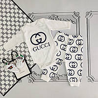 Білий набір для новонароджених, комплект Гуччі білий бодік з довгим рукавом і штани для новонароджених