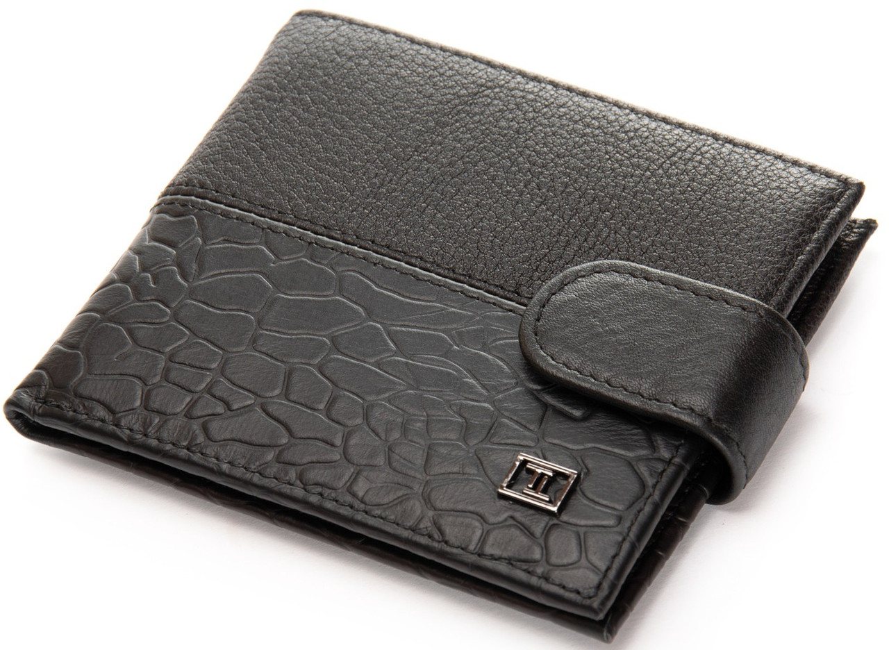 Гаманець портмоне чоловічий шкіряний чорний на кнопці рептилія з вкладишем і монетницею всередині Bretton 208V-L1