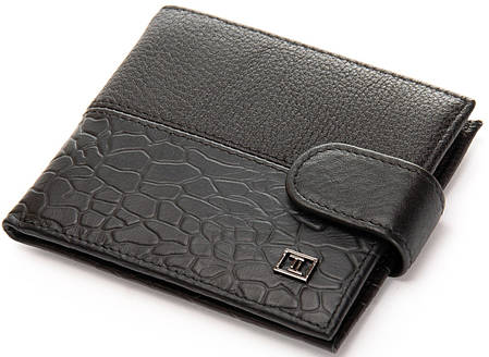Гаманець портмоне чоловічий шкіряний чорний на кнопці рептилія з вкладишем і монетницею всередині Bretton 208V-L1, фото 1