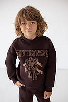 Теплий світшот для хлопчика шоколадний, вільний крій, з малюнком Авекс