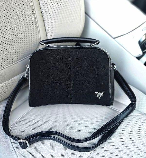 Жіноча сумка кросбоді комбінована чорна натуральна замша+екошкіра, фото 1