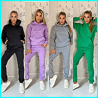 Жіночий теплий костюм трьохнитка на флісі спортивний худі капюшон кишеня кенгуру штани манжети 5 кольорів 42-52