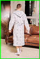 Мужской халат с капюшоном плюшевый домашний тёплый турецкий на запах с карманами серый 42-56