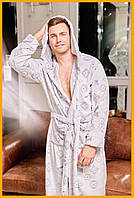 Мужской халат плюшевый теплый с капюшоном домашний мягкий на запах с карманами серый 42-56