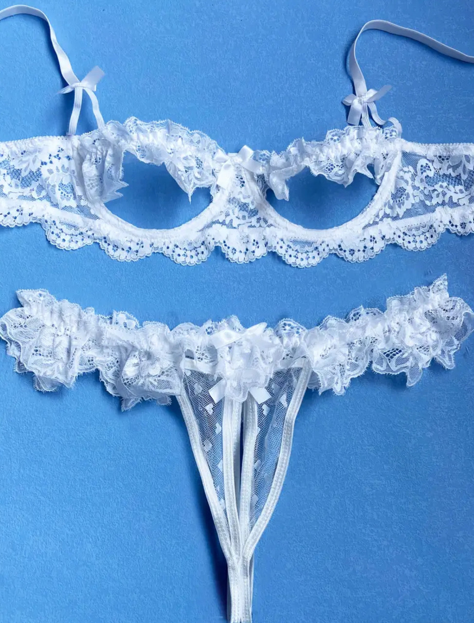 Комплект мереживної білизни з відкритою груддю Passion (р.S, білий)