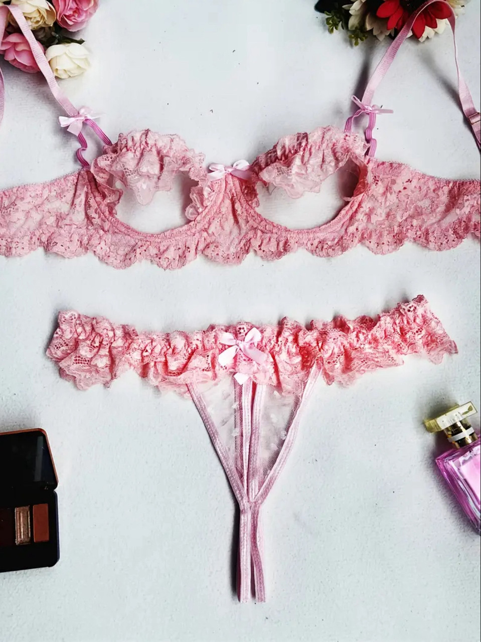 Комплект мереживної білизни з відкритою груддю Passion (р.М., рожевий), фото 1