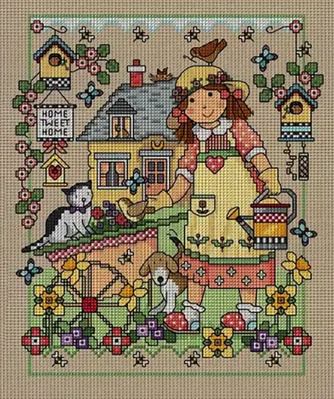 Набір для вишивання за нанесеною на канву схемою "Girl with a watering can".AIDA 14CT printed, 30*40 см