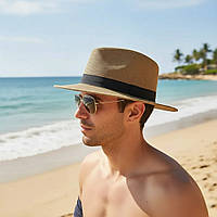 Капелюх федора для чоловіків з соломки коричневий, капелюх для жінок літній з прямими полями