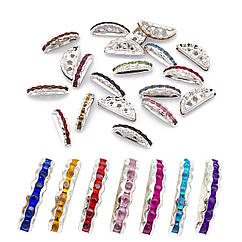 Роздільник для Намистин Півмісяць, Латунь зі Стразами, Класу "В", на 3 отвори, Срібло, 19х8мм, 20 шт